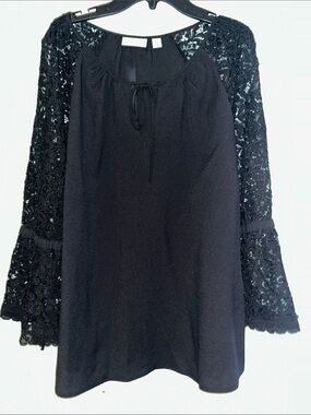 Black Lace-Sleeve Peasant Blouse